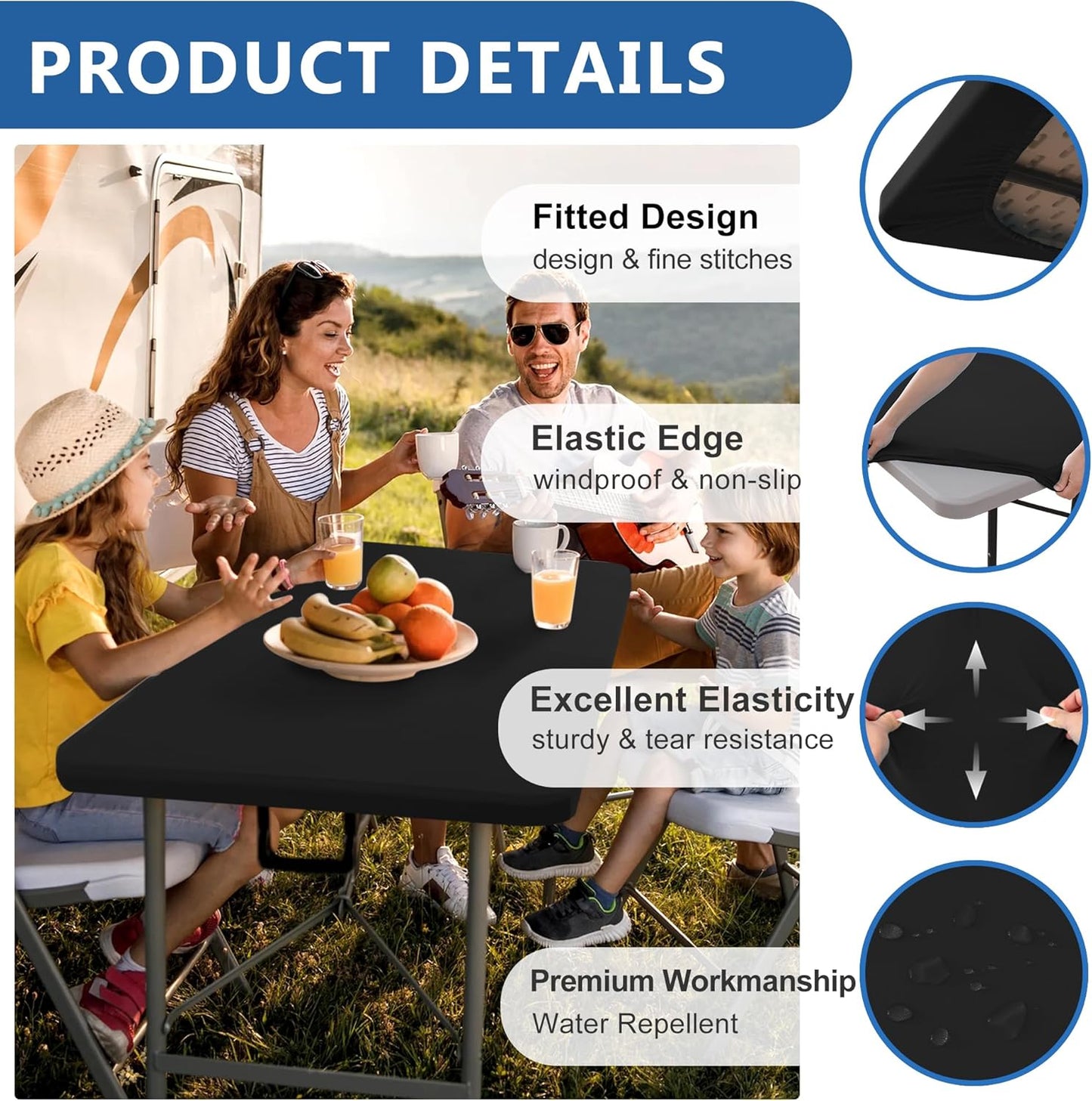 4ft Stretch Table Cover Fitted-6 Pack Black Spandex Table Cloths with Elastic-Stretchy Folding Table Cloths 4ft for Outdoor Picnic Camping Dining Room Patio Kitchen Banquet Party Craft Show