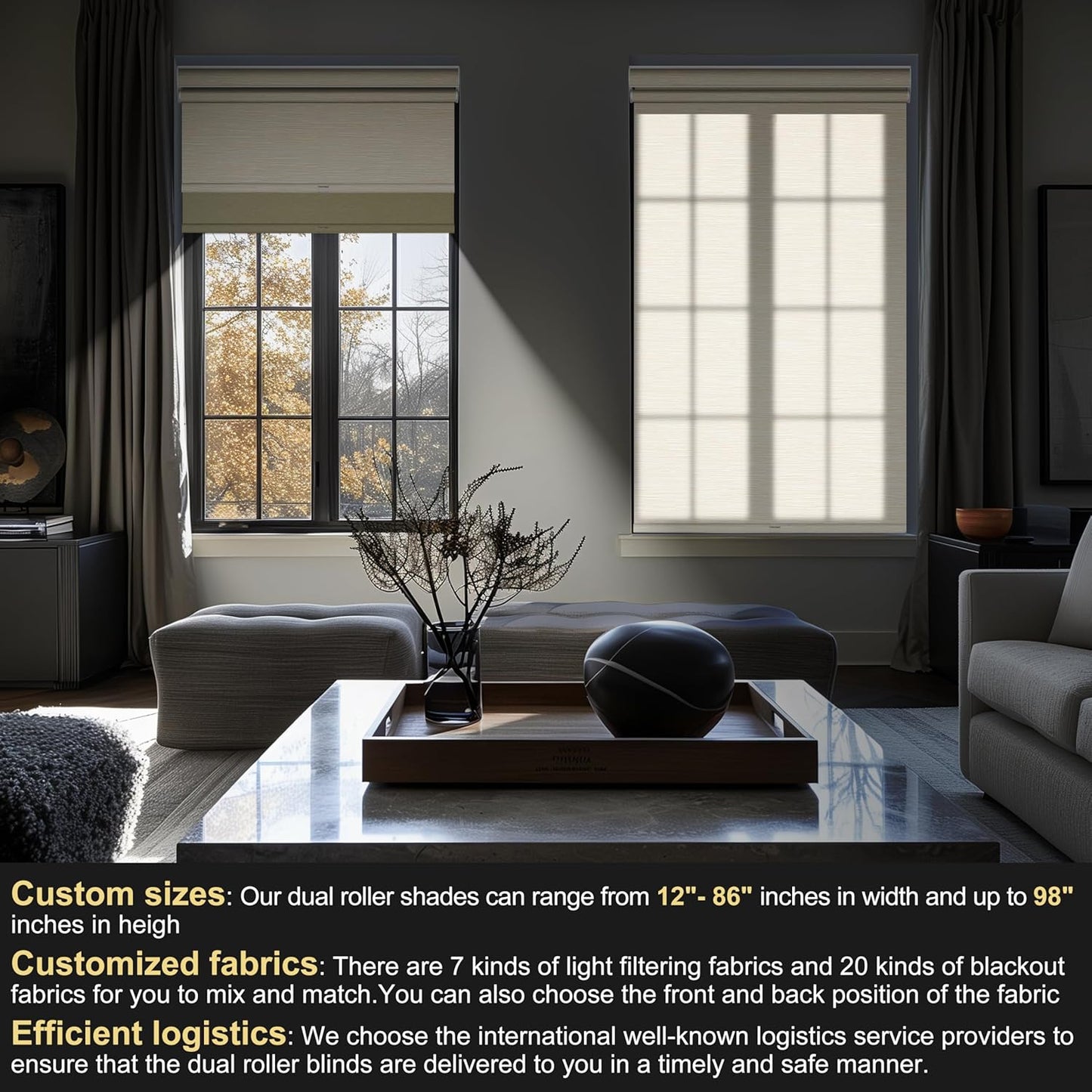 BERISSA Cordless Dual Roller Shades With Cassette Valance, Blackout and Light Filtering, Day and Night for Home Office Door - Striped Jacquard Beige, 78 W x 72" H