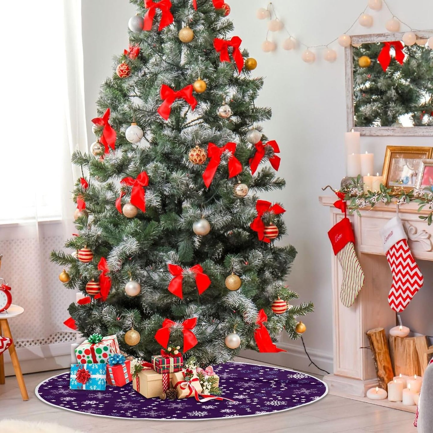 Christmas Purple Snowflakes Tree Skirt, Seasonal Tree Mat Holiday Party Supplies Ornaments Indoor Outdoor Decorations for Tabletop Trees 47.2 Inches