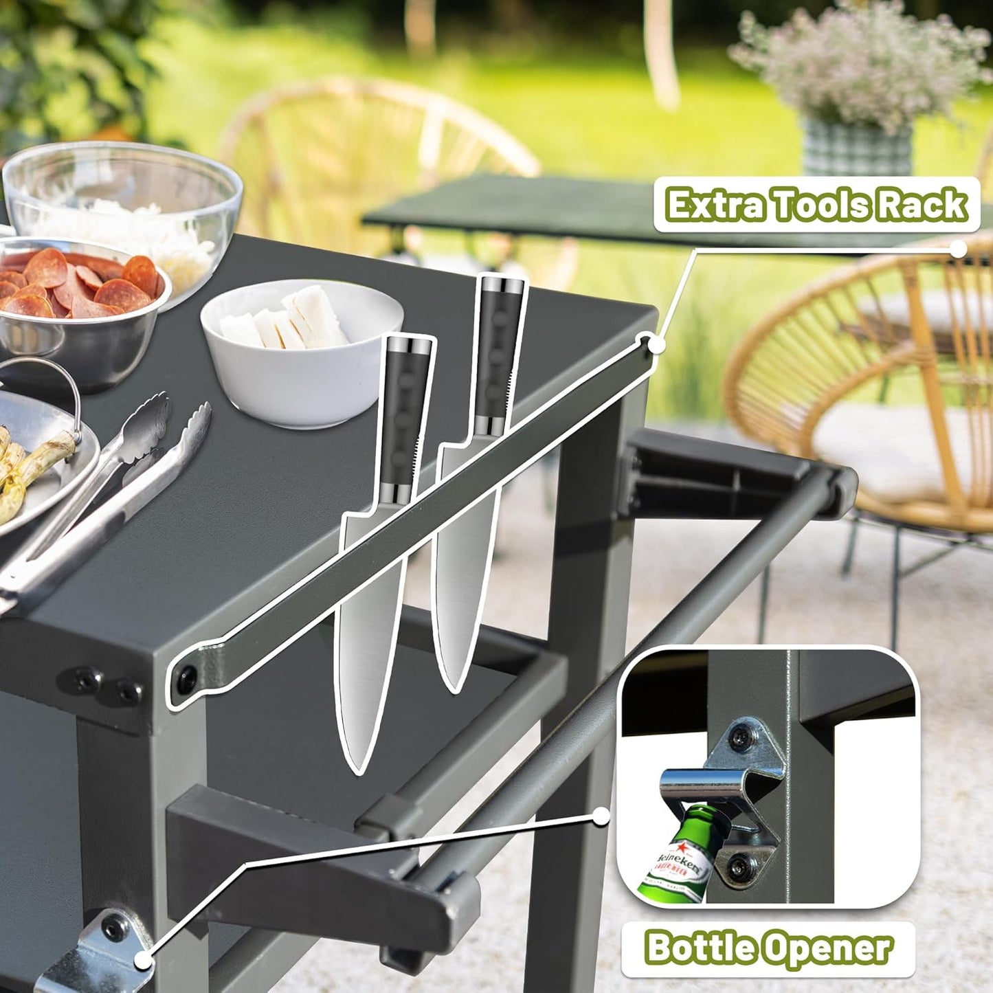 Domi 3-Shelf Outdoor Grill Table, Grill Cart with Wheels, Pizza Oven and Food Prep Table, Blackstone Griddle Stand with Propane Tank Hook for Outside BBQ