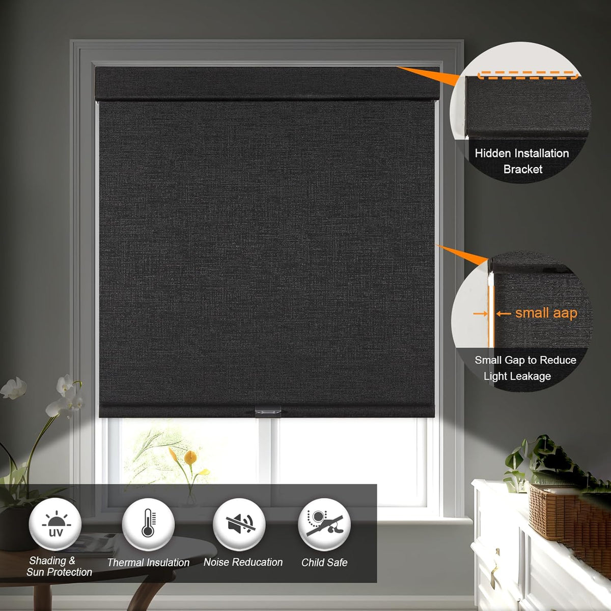 Persilux Free-Stop Cordless Blinds for Indoor Windows with Cover, Window Shades Blackout Roller Blinds, Thermal Insulated Fabric UV Protection for Kitchen, Office, Living Room, Black(42.5" W x 64" H)