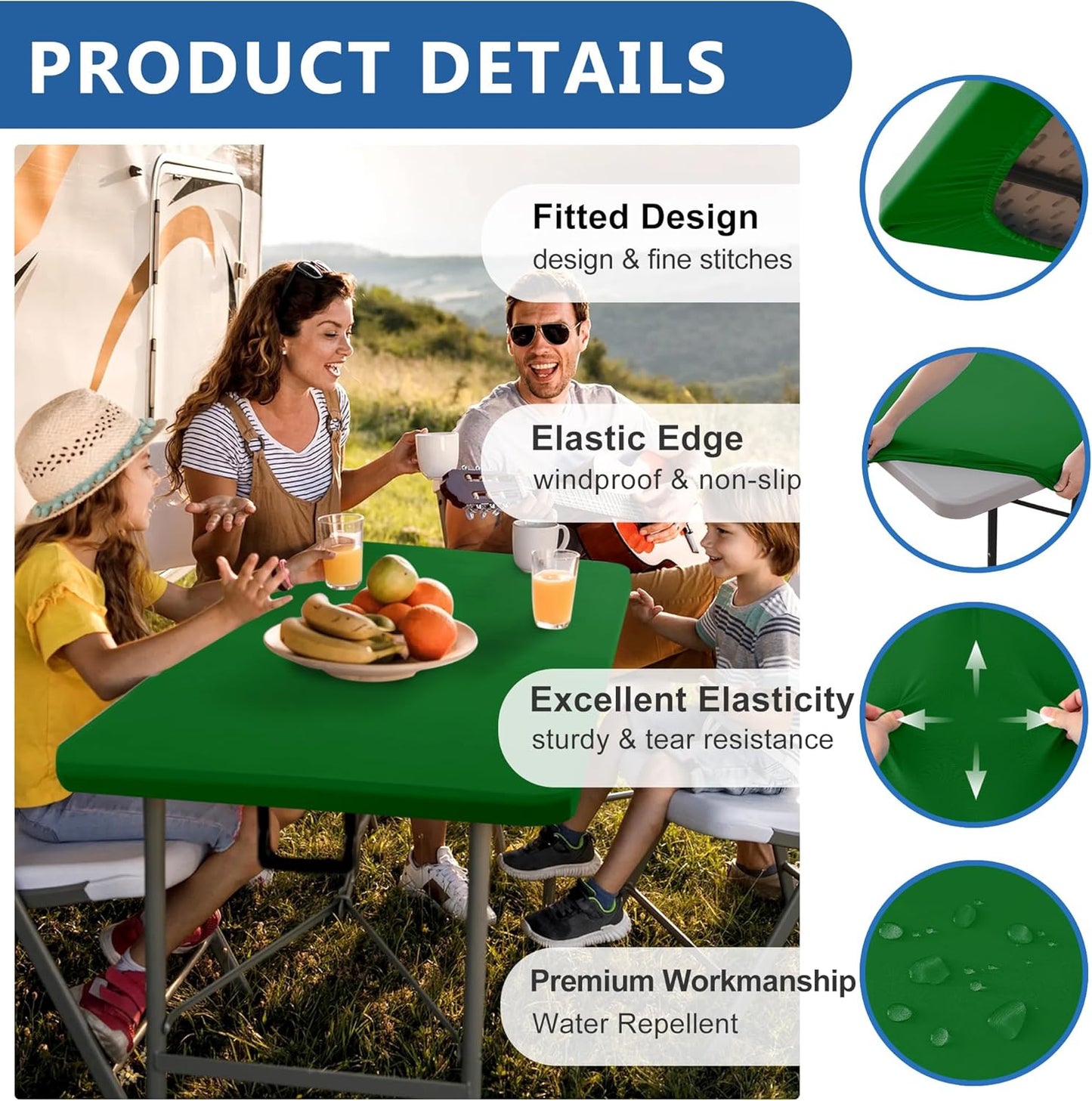 Fitted Tablecloth for 6 Foot Rectangle Tables-4 Pack Green Elastic Outdoor Picnic Table Cover-Spandex Stretch Folding Table Cloths 6 ft for Camping Dining Room Patio Kitchen Banquet Party