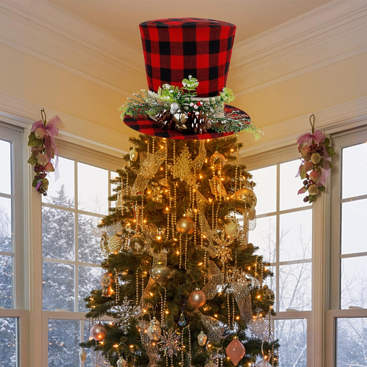 Prsildan Christmas Plaid Top Hat Tree Topper with Pine Cones, Berries, and Bells - Holiday Decor