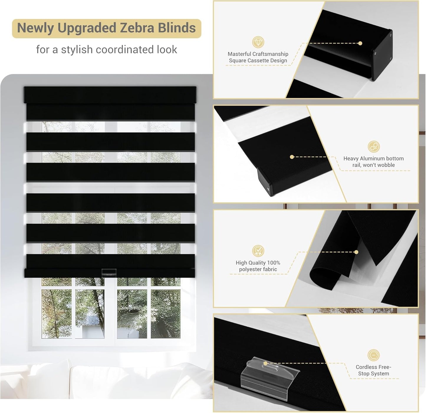 Cordless Zebra Blinds for Windows, Blackout Interior Blinds,Easy to Install,UV Protection,for Offices and Home,Custom Roller Shades, Solid Black, 83" W x 88" H