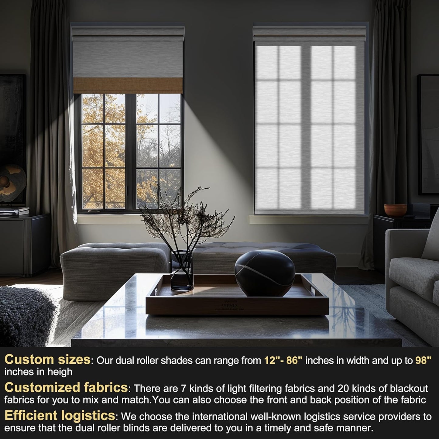 BERISSA Cordless Dual Roller Shades with Cassette Valance - Blackout and Light Filtering Shades for Home Office Door. Linen Beige and White. 44 W x 80" H