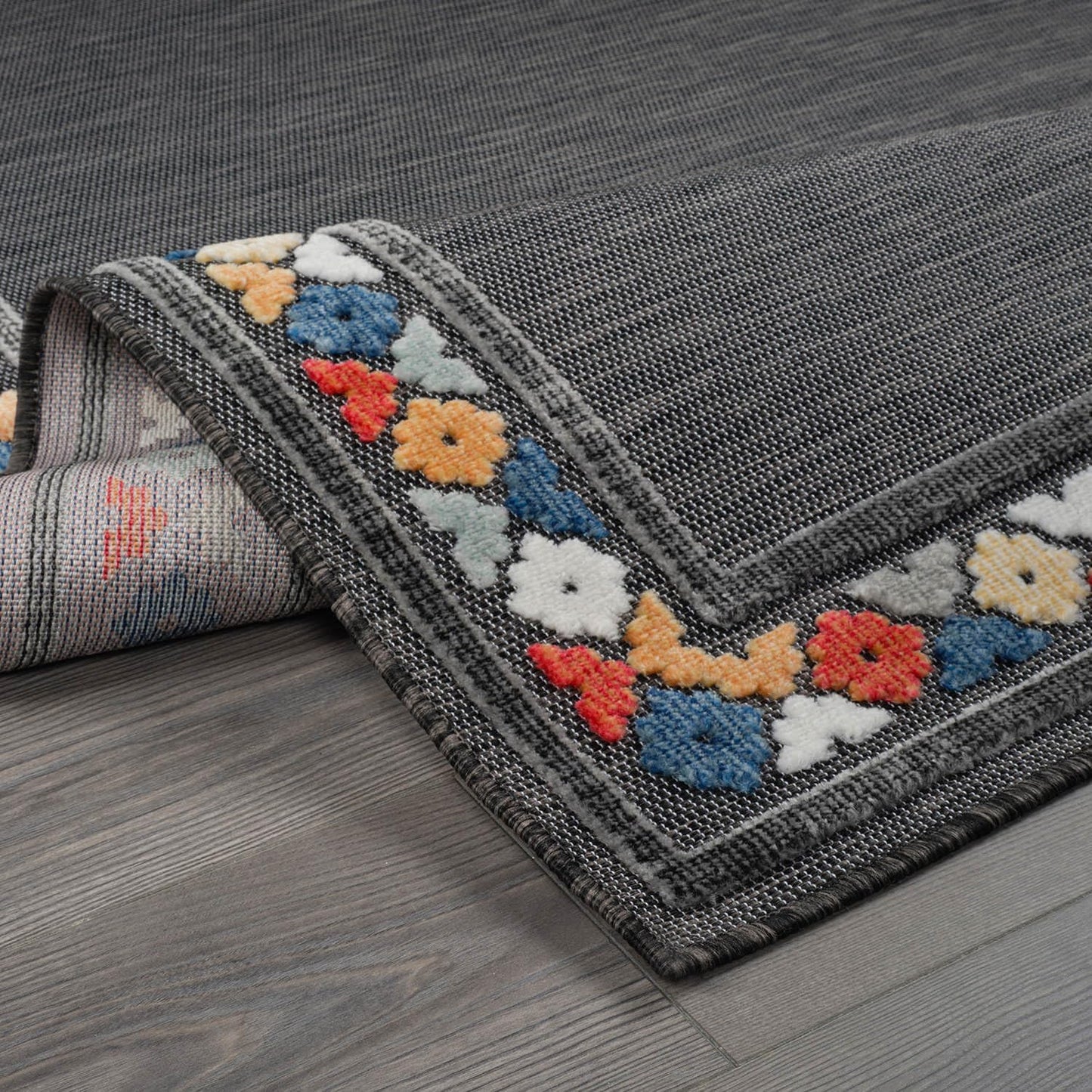 Beverly Rug Outdoor Runner Rug 2x7 Modern Floral Bordered Area Rugs for Indoor and Outdoor Patio Easy to Clean Non Shedding Living Room Porch Garden Washable Outside Carpet (2 x 7 Dark Gray)