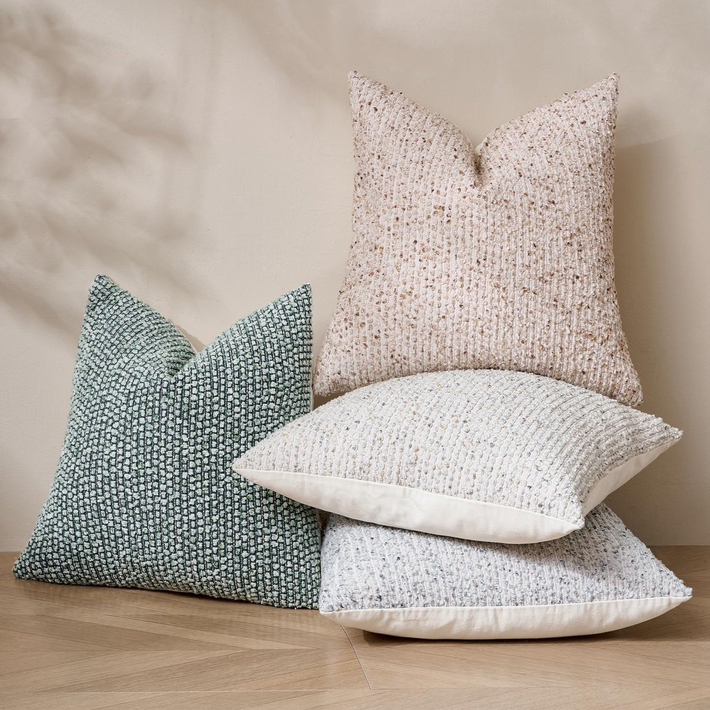 Striped Throw Pillow Covers 16x16 Set of 2 Green Textured Boucle Chic Morden Boho Accent Farmhouse Square Decorative Couch Pillow Covers for Home Decor Bed Sofa Living Room