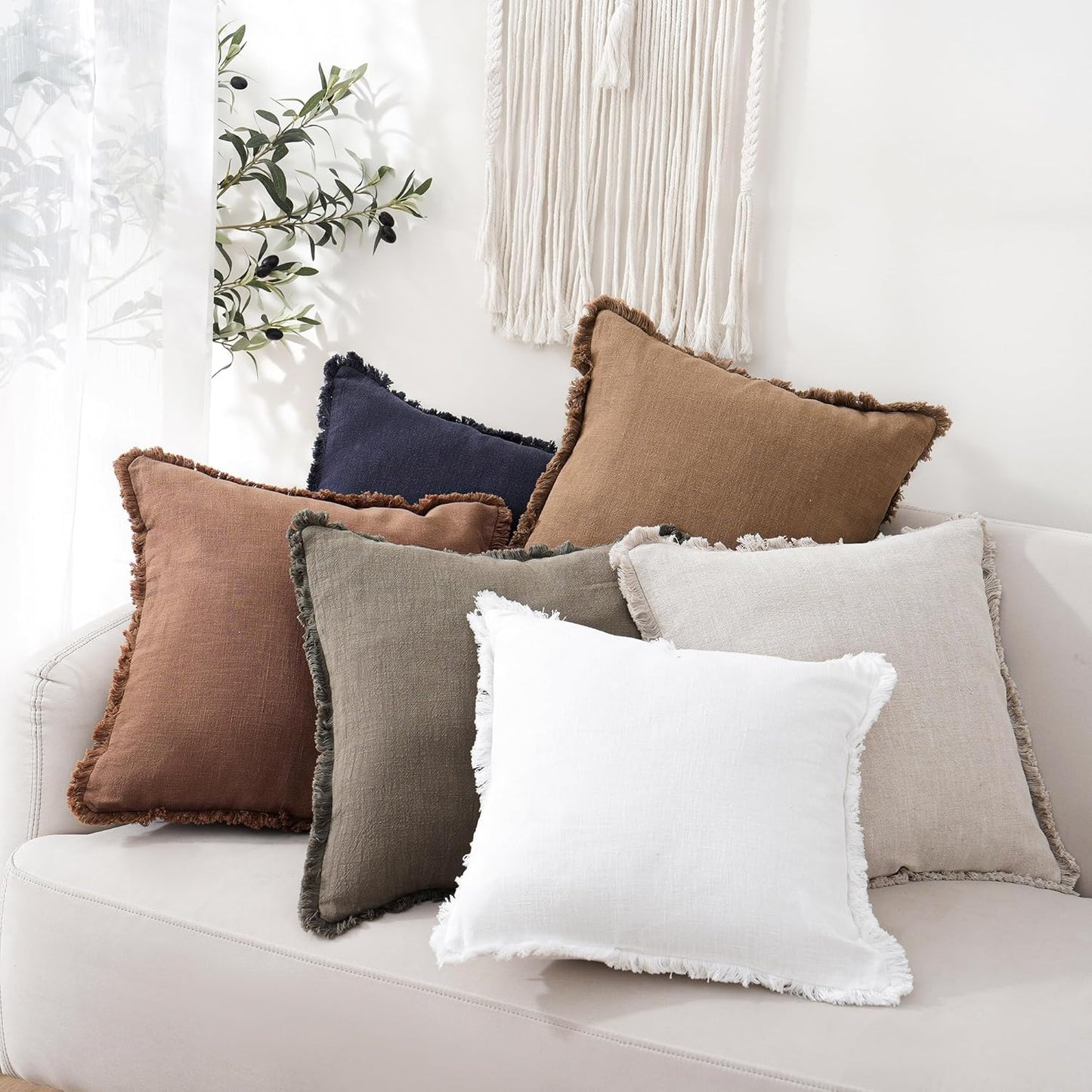 Foindtower Set of 2 Decorative Linen Fringe Throw Pillow Covers Cozy Boho Farmhouse Cushion Cover with Tassels Soft Accent Pillowcase for Couch Sofa Bed Living Room Home Decor, 26×26 Inch, Khaki Brown