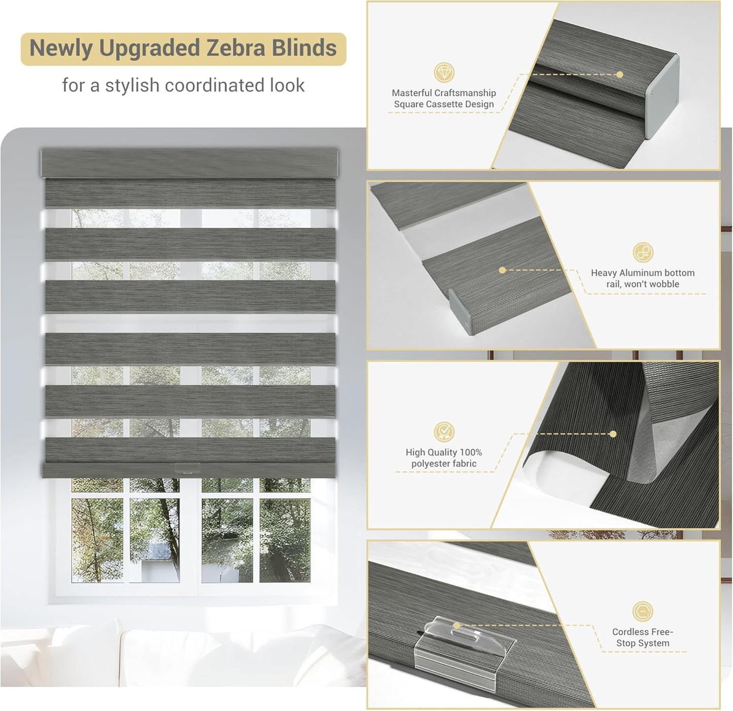 Cordless Zebra Blinds for Windows, Blackout Interior Blinds,Easy to Install,UV Protection,for Offices and Home,Custom Roller Shades, Mousse Grey,40" W x 64" H