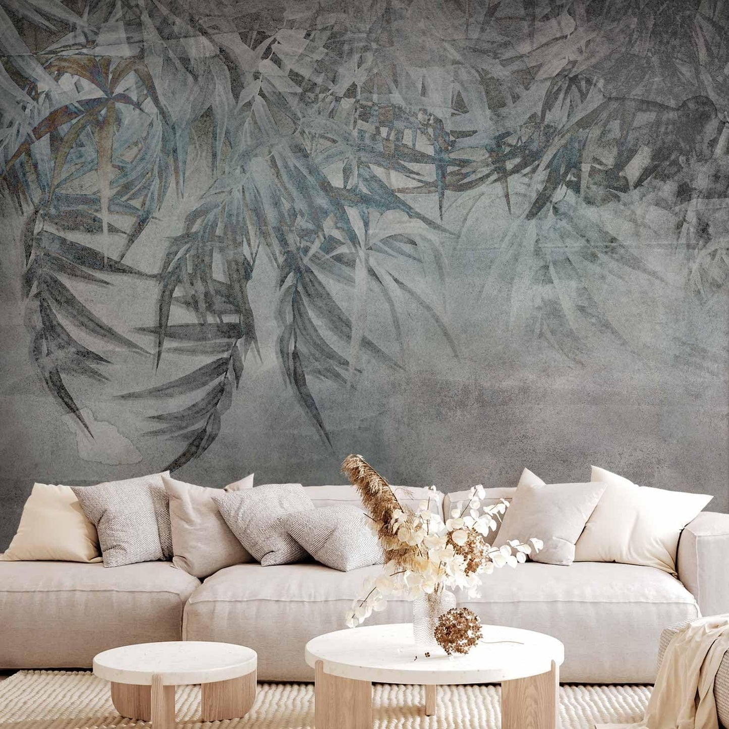 artgeist Premium Wall Mural Leaves 138x101 in - XXL Non-Woven Wallpaper Fleece Wall Decor Photo Print Picture Image Design Palm Leaves Concrete Nature Grey b-C-10103-a-a