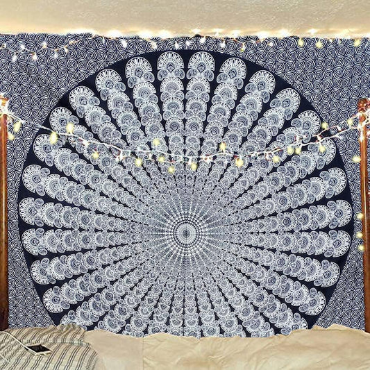 Bless International Handmade Indian hippie Bohemian Psychedelic Peacock Mandala Wall hanging College Dorm Beach Throws Table Cloth Bedding Tapestry (Black White, Medium(54x60Inches)(137x152cms))