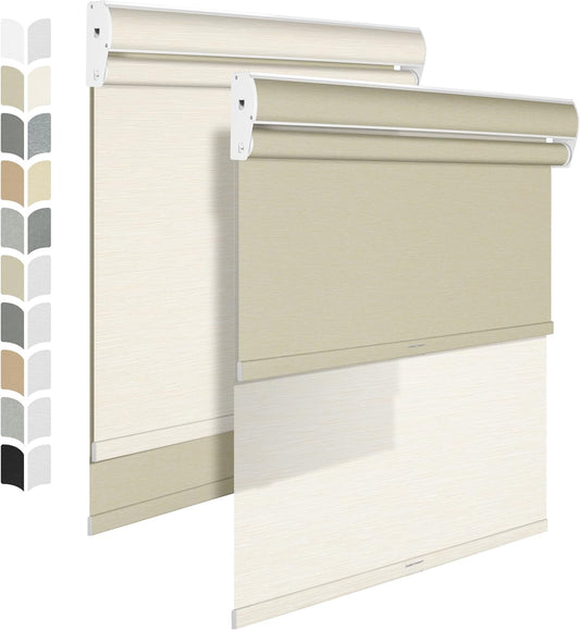 BERISSA Cordless Dual Roller Shades with Cassette Valance, Blackout & Light Filtering, Day & Night for Home Office Door. Striped Jacquard Beige. 41 W x 36" H