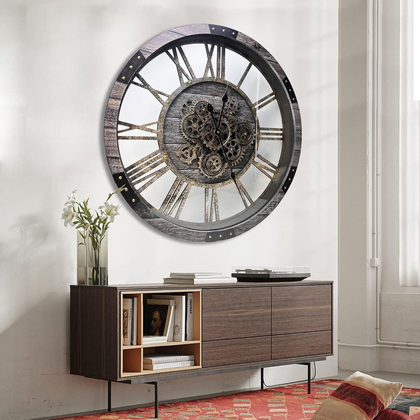 Extra Large Silent Gear Wall Clock 36” — Vintage Industrial Statement Timepiece for Calm Spaces