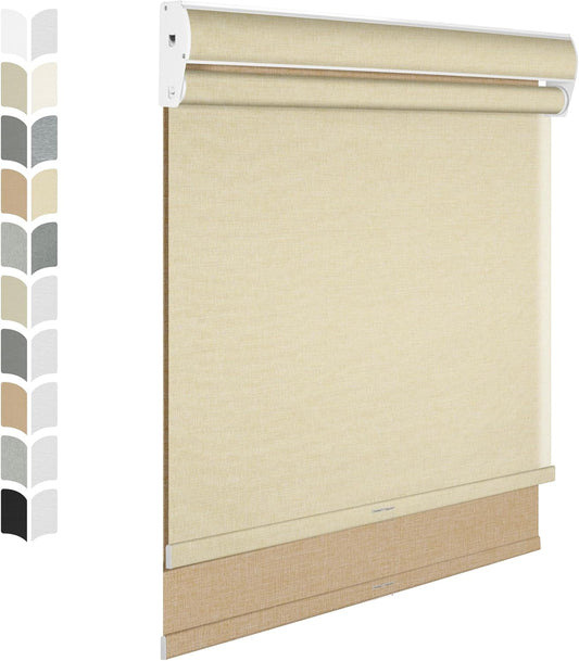 BERISSA Cordless Dual Roller Shades with Cassette Valance - Blackout and Light Filtering Day and Night Linen Beige Roller Shades for Home Office Door 68 W x 64" H
