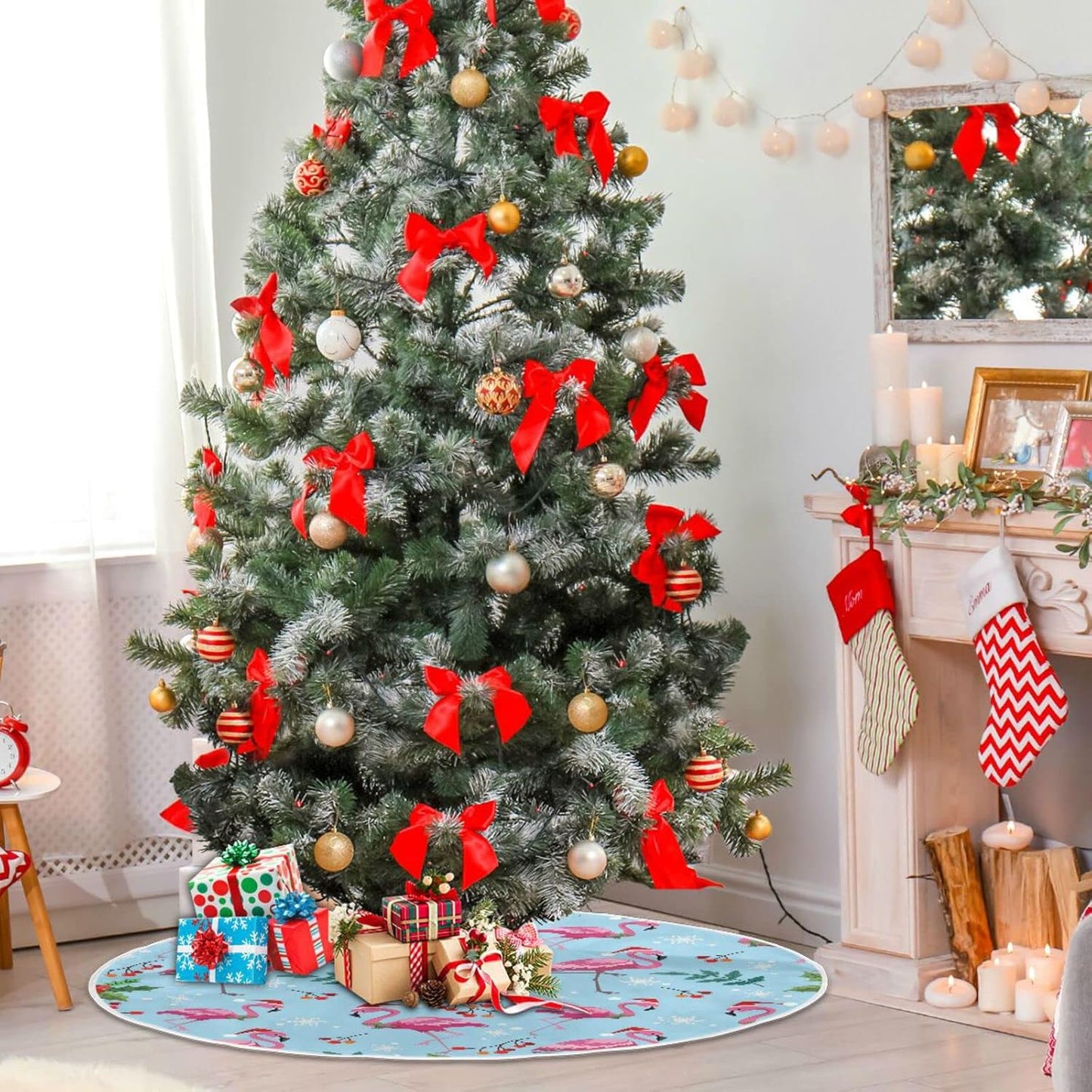 Christmas Flamingo Snowflake Tree Skirt, Seasonal Tree Mat Holiday Party Supplies Ornaments Indoor Outdoor Decorations for Tabletop Trees 35.4 Inches