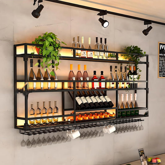59in Wall Mounted Wine Rack, Wine Rack Wall Mounted With Wine Glass Rack, Metal Bar Bottle Display Shelf Wine Cups Hanging Holder, For Home Bar Cafe Dining Room Decoration (BLACK, 59*10*35.5inch)