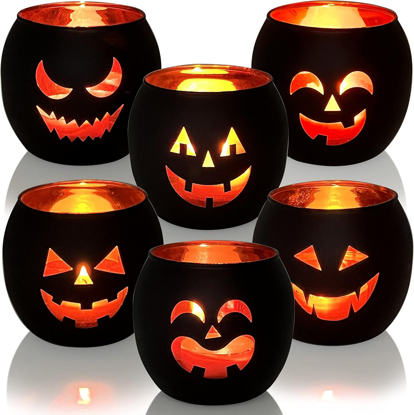 Halloween Glass Votive Candle Holders Set of 6, Black Pumpkin-Style Tealight Holders for Table &amp; Mantel Decor
