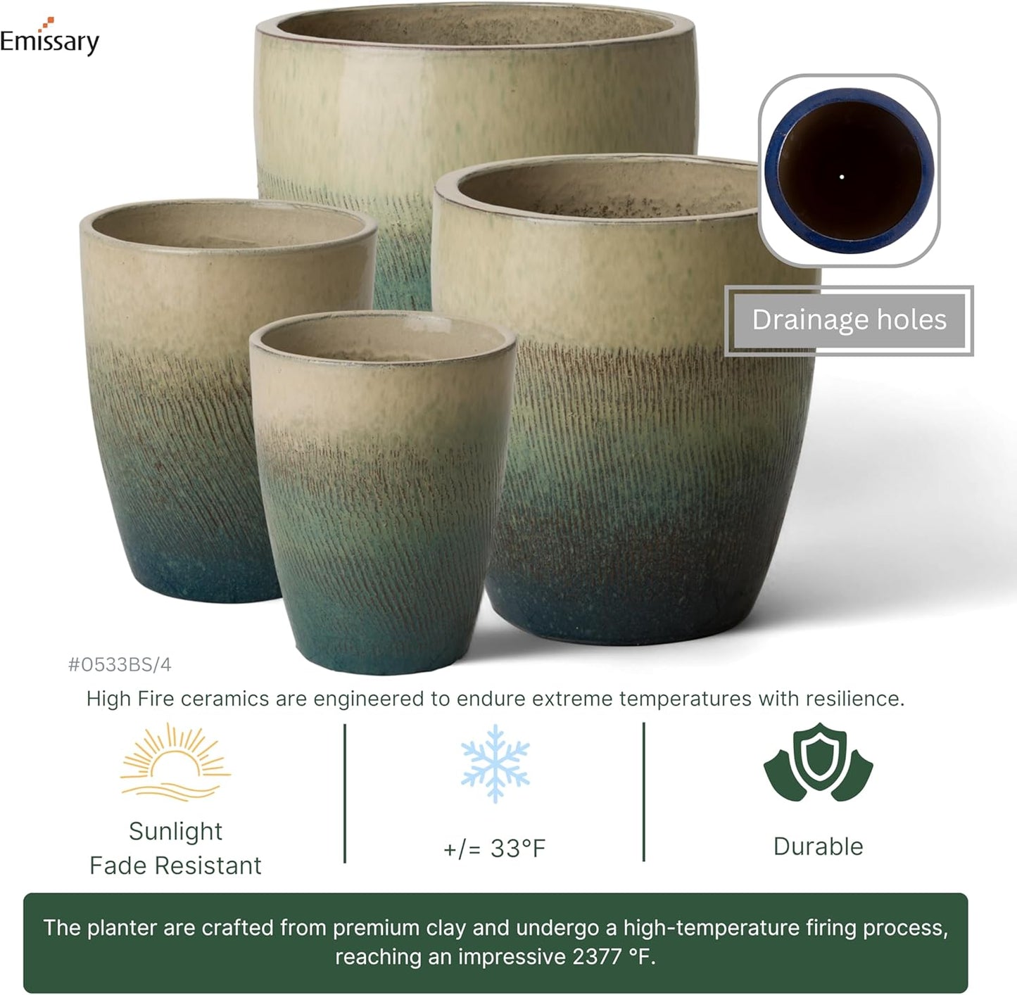Emissary Bullet 14 in. Bayside Green Ceramic Round Planter (14 in. L x 14 in. W x 15.5 in. H) with Drainage Hole