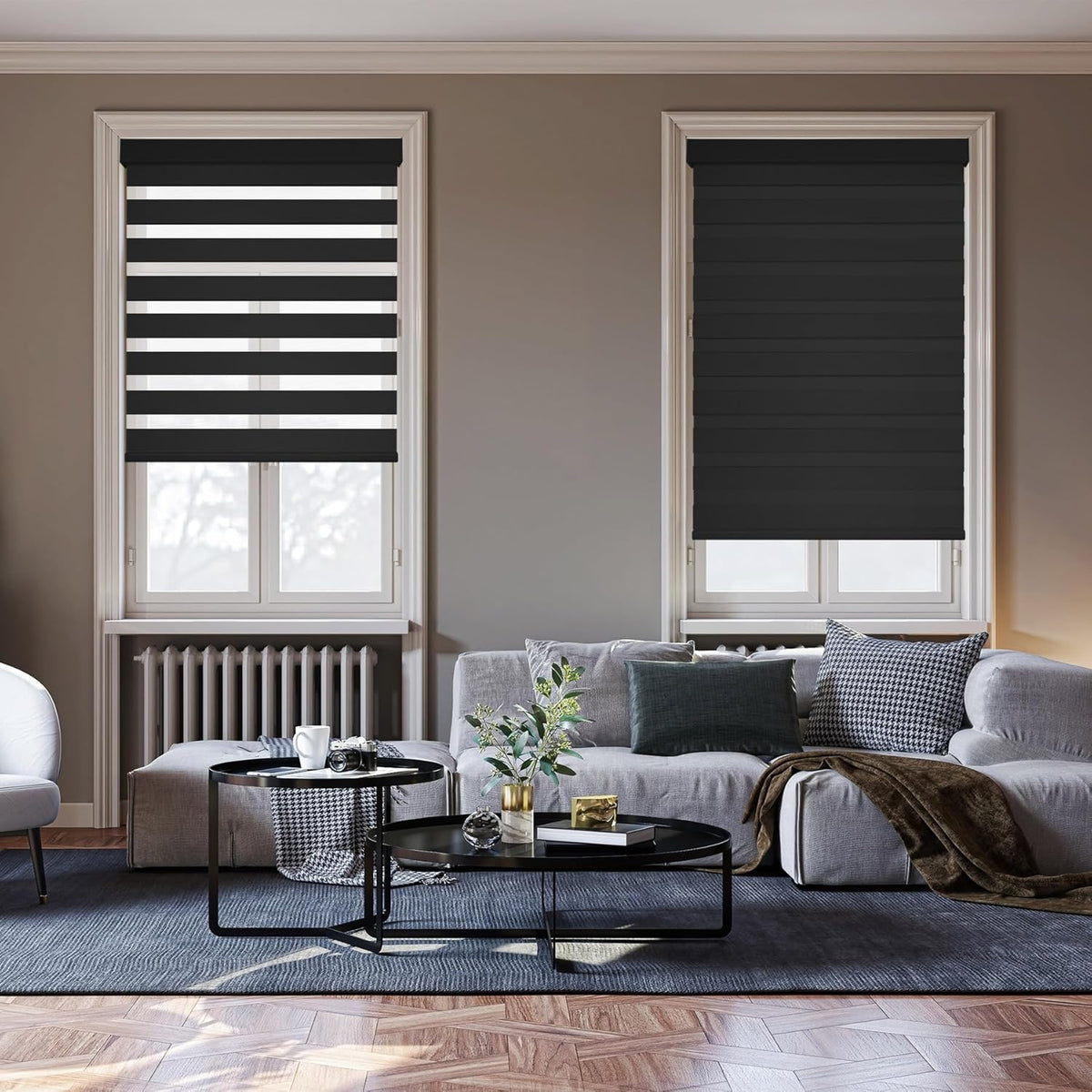 HESTIA Cordless Zebra Blinds Light Filtering Roller Shades UV Blocking Blackout Privacy Indoor Window Shades for Home Office Day and Night, Black,50" W x 60" H