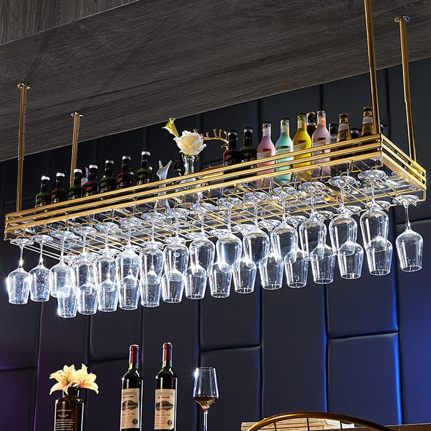 Ceiling Wine Rack&Hanging, Adjustable Hanging Wine Rack with Acrylic Board for Bar Cafe Kitche, 39.4''x13.8'' Iron Hanging Wine Glass Racks, Wine Bottle, Goblet Stemware Rack, Mug Rack-Gold
