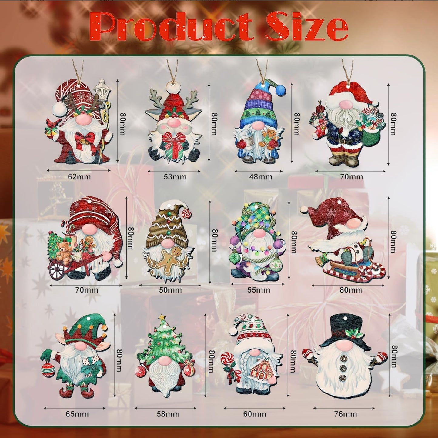 24 Wooden Gnome Ornaments for Christmas Tree, Party Decorating Supplies