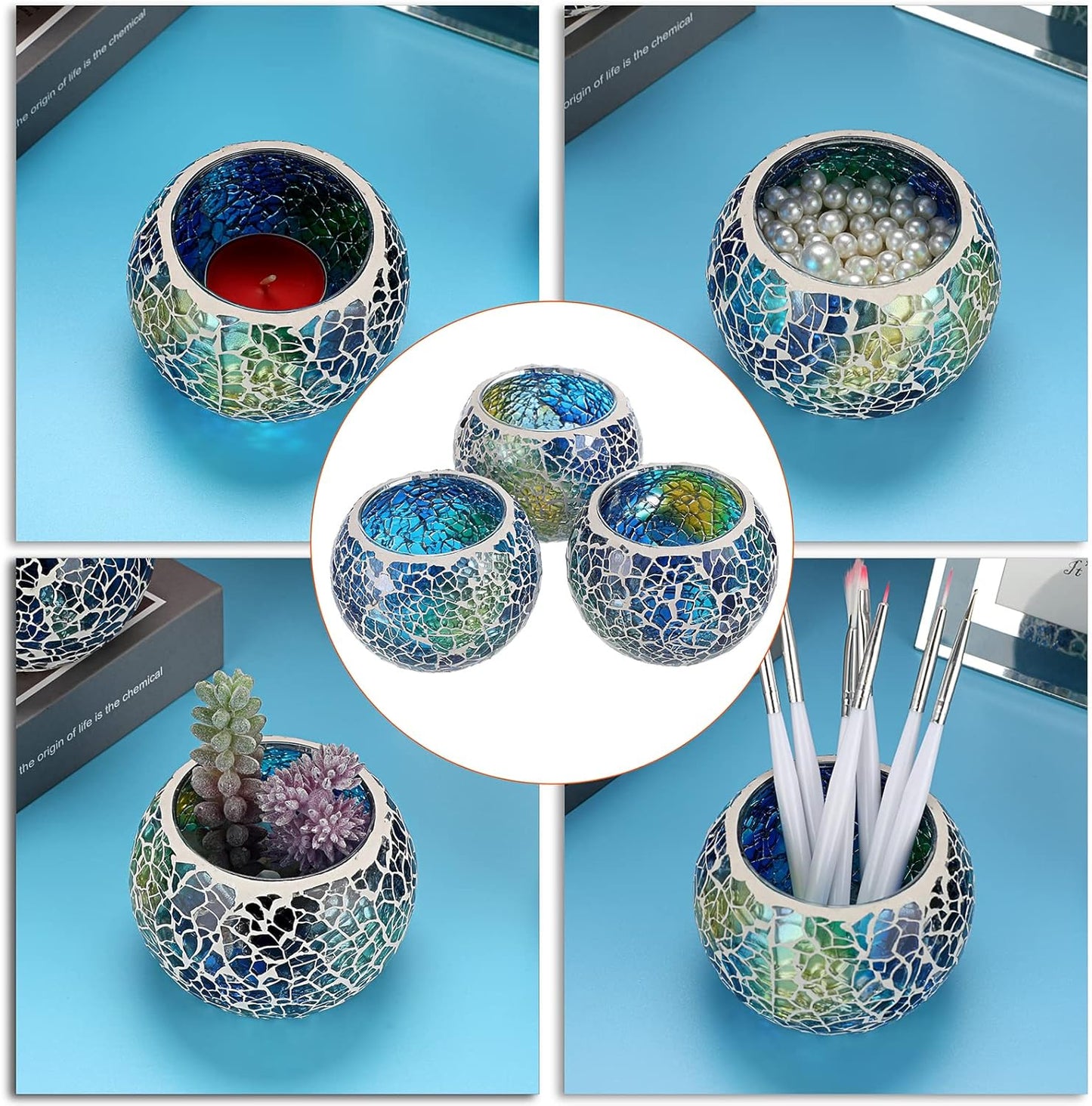 Set of 3 Blue Mosaic Glass Tea Light Holders Round Bowl Votive Candle Holders Pillar Candle Stands, Glass Mosaic Tealight Holders Potted Plant Bowl Vase Candle Centerpiece for Table Wedding