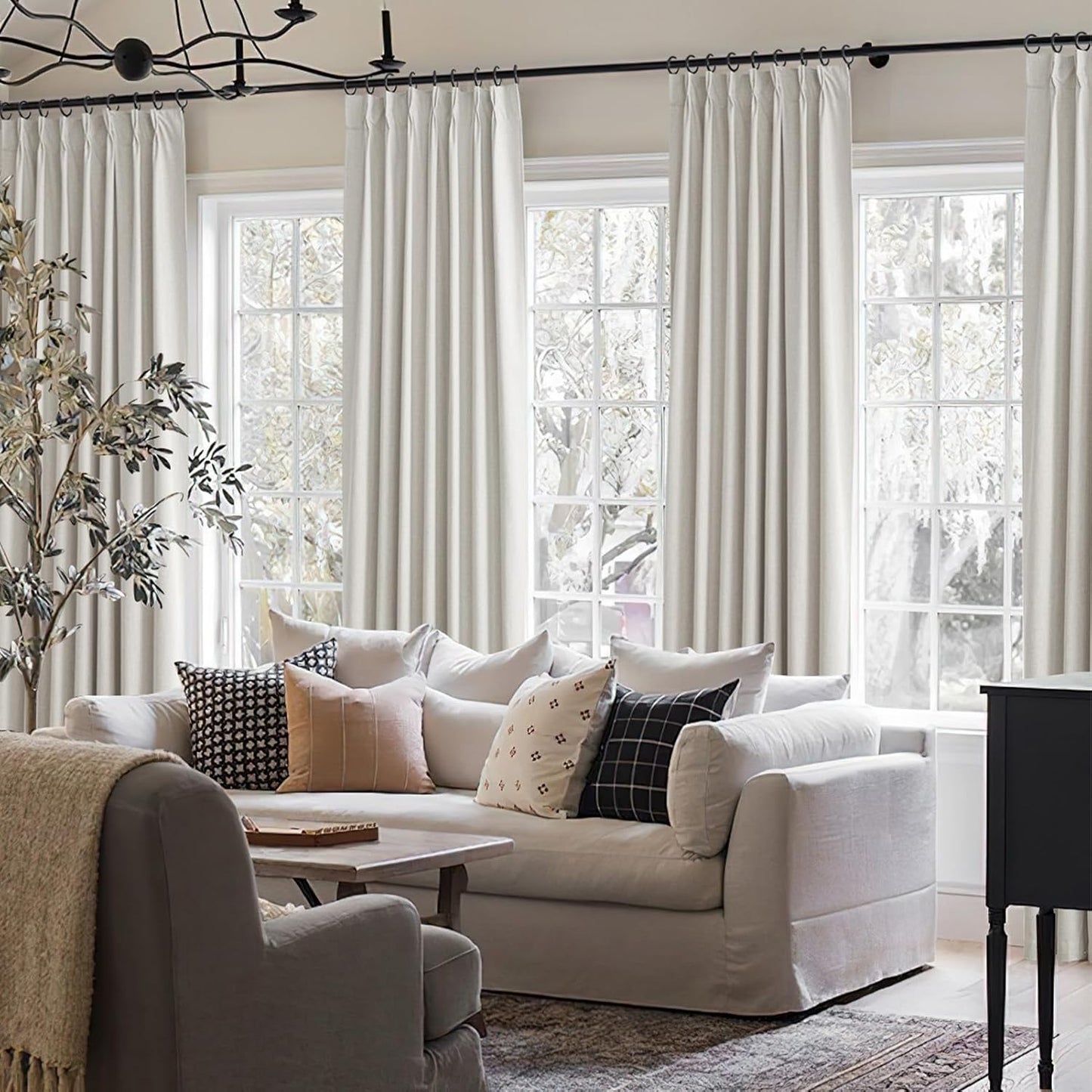 Extra Long Floor to Ceiling 132 Inch Viral Curtains for Living Room, Pinch Pleated Cream Blackout Curtain Linen Insulated Soundproof Heavy Drapes for Dining Room Large Windows W40"xL132"x2 Panels