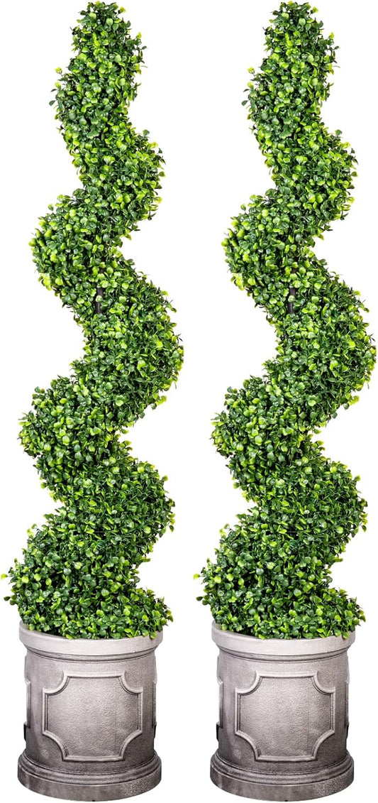 4FT Artificial Spiral Boxwood Topiary Trees with Antique-White Roman-Style Planter - Outdoor&Indoor Year-Round Garden, Porch, Entryway Decor (2 Pack)