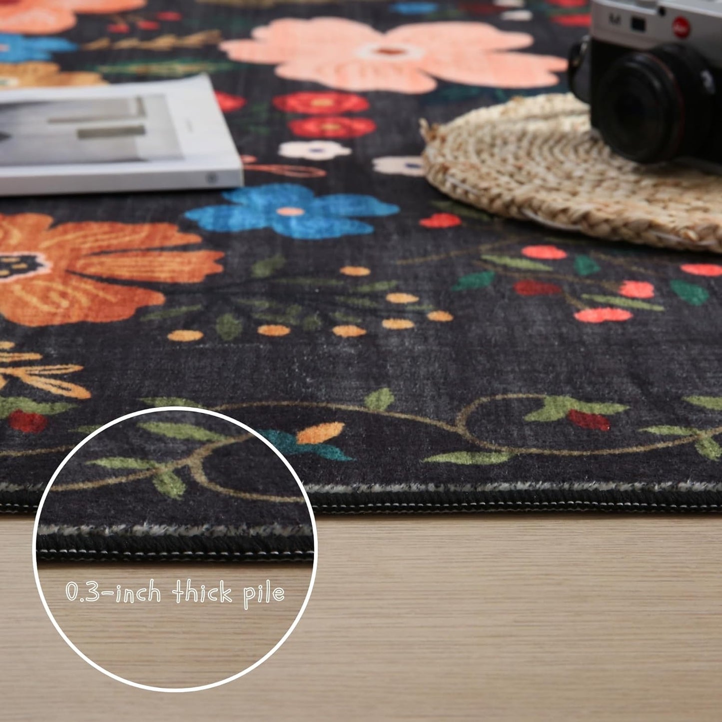Area Rugs 9x12 Living Room Clearance Washable Boho Rug Non Slip Floral Vintage Low Pile Large Rug for Living Room, Bedroom, Farmhouse, Dining Room, Kids Playroom(Black)