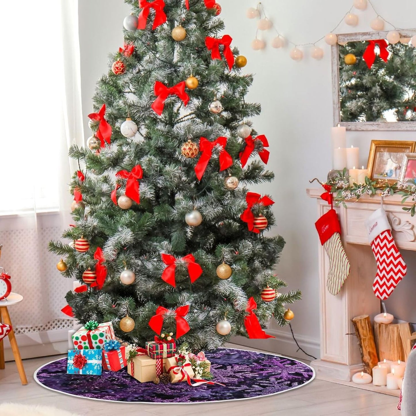 Christmas Purple Snowflake Party Tree Skirt, Seasonal Tree Mat Holiday Party Supplies Ornaments Indoor Outdoor Decorations for Tabletop Trees 47.2 Inches