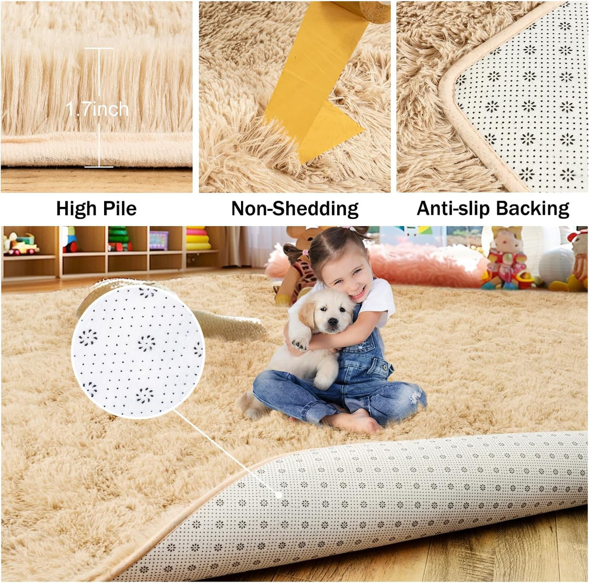 Rezutan 9x12 Feet Large Fluffy Area Rug for Bedroom Living Room, Camel Modern Indoor Carpets Room Colorful, Plush Indoor Nursery Classroom Home Decor Bedside Rug with Non-Slip Bottom