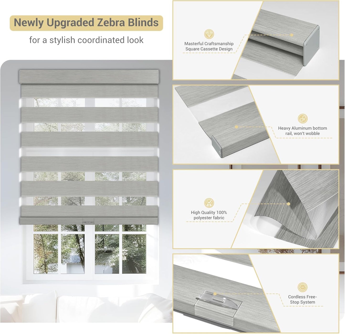 Cordless Zebra Blinds for Windows, Blackout Interior Blinds,Easy to Install,UV Protection,for Offices and Home,Custom Roller Shades, Mousse Light Grey,Custom Size