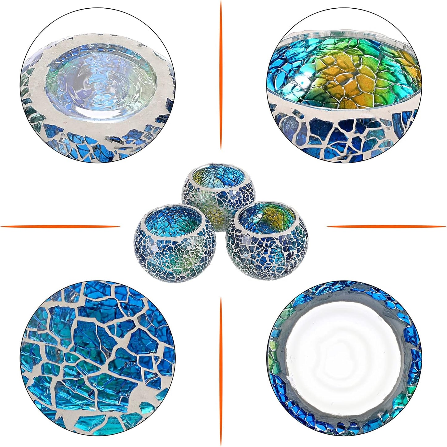 Set of 3 Blue Mosaic Glass Tea Light Holders Round Bowl Votive Candle Holders Pillar Candle Stands, Glass Mosaic Tealight Holders Potted Plant Bowl Vase Candle Centerpiece for Table Wedding
