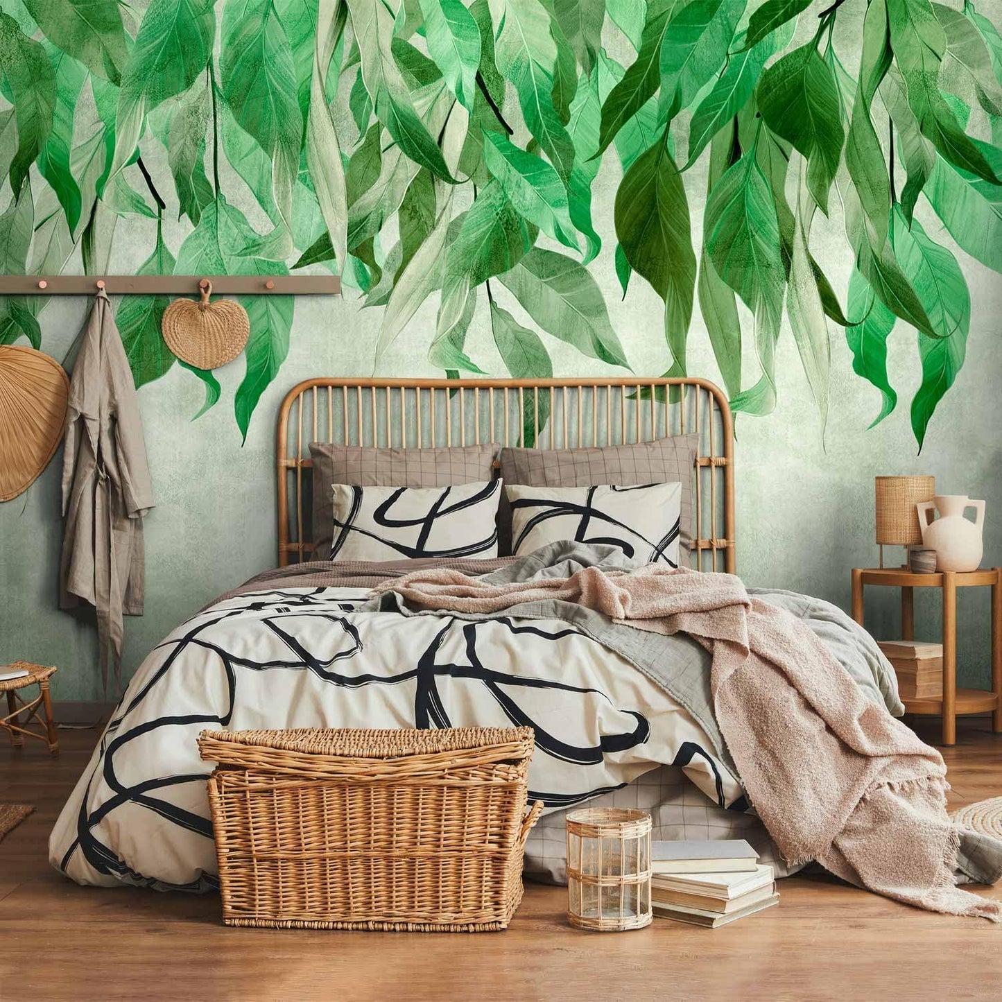 artgeist Wall Mural Hanging Leaves 193x138 in - Peel and Stick Self-Adhesive Wallpaper Removable Large Sticker Foil Wall Decor Print Picture Image Design Nature Botanical Concrete Green b-C-10146-a-a