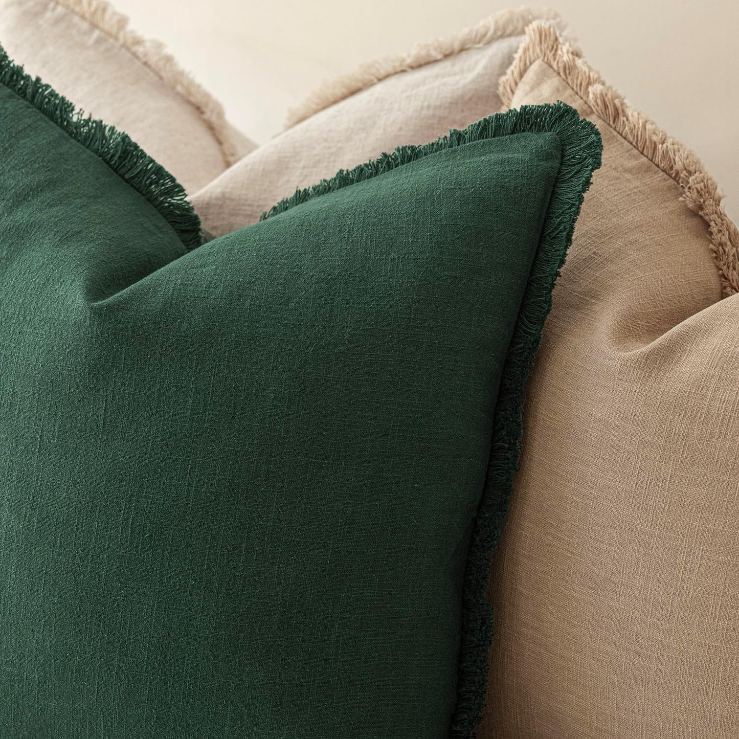 Foindtower Set of 2 Decorative Linen Fringe Throw Pillow Covers Cozy Boho Farmhouse Cushion Cover with Tassels Soft Accent Pillowcase for Couch Sofa Bed Living Room Home Decor, 24×24 Inch, Pine Green