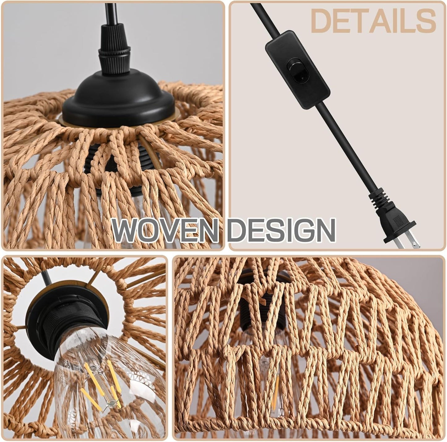 Brown Rattan Light Fixture 15ft Plug In Pendant Light Woven Pendant Light Boho Chandelier Wicker Pendant Light Boho Pendant Light Plug In for Dining Room Kitchen Island Bedroom(Bulb Incl.)