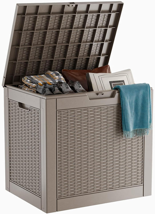 30 Gallon Resin Deck Box, Lockable Patio Outdoor Storage Box for Furniture, Garden Tools and Tools Storage, Waterproof Outside Storage Boxes - Grey