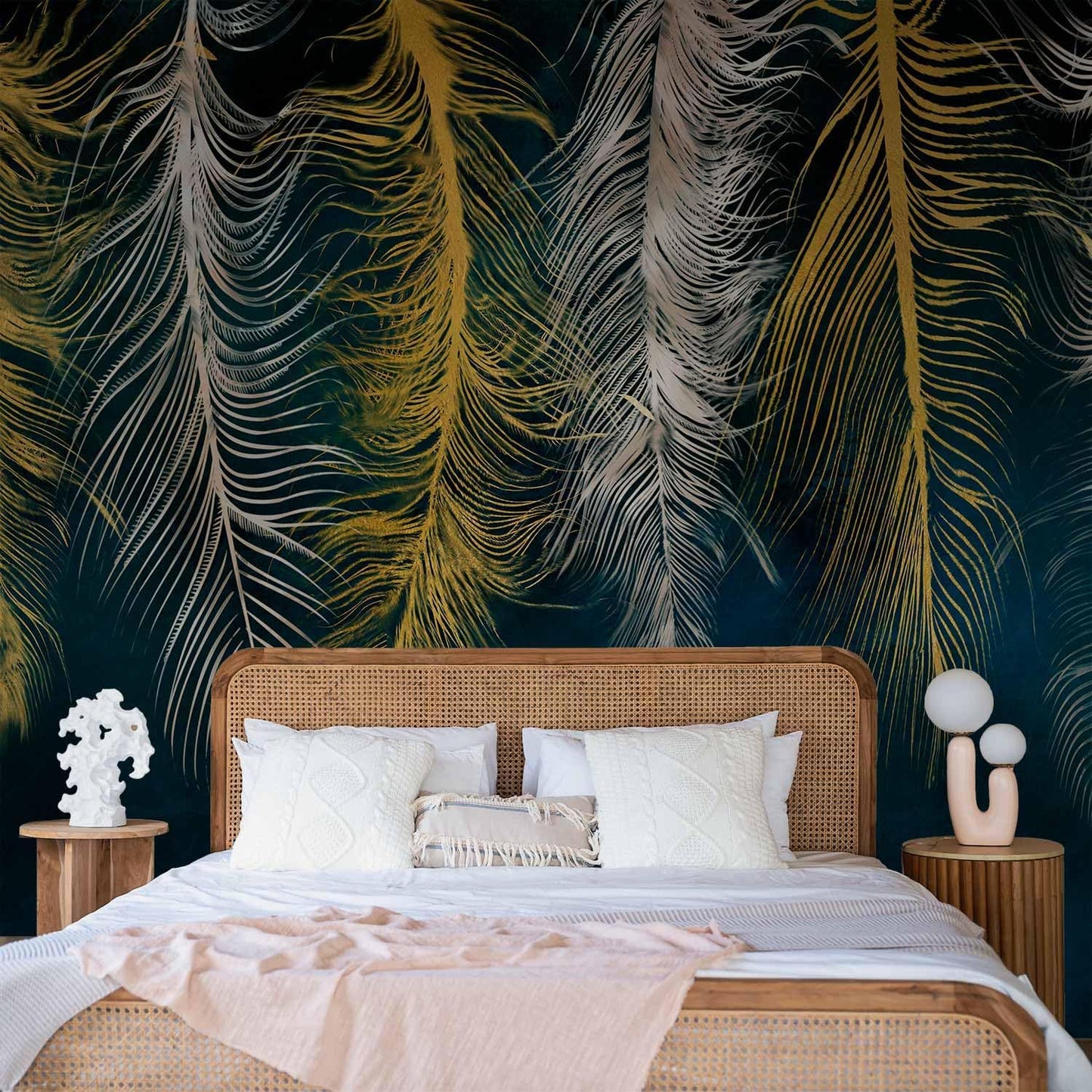 artgeist Premium Wall Mural Feather 157x110 in - Non-Woven Wallpaper Fleece Wall Decor Photo Print Picture Image Design Landscape Abstract Beige Navy Blue b-A-0812-a-a
