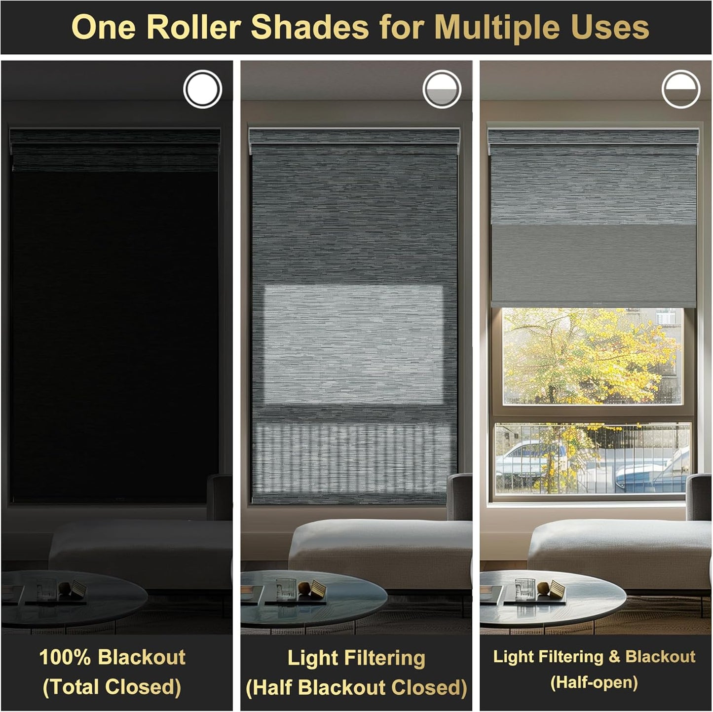 BERISSA Cordless Double Roller Shades with Cassette Valance, Blackout and Light Filtering Day and Night Roller Shades for Home Office Door, Striped Jacquard Grey, 34 W x 80" H