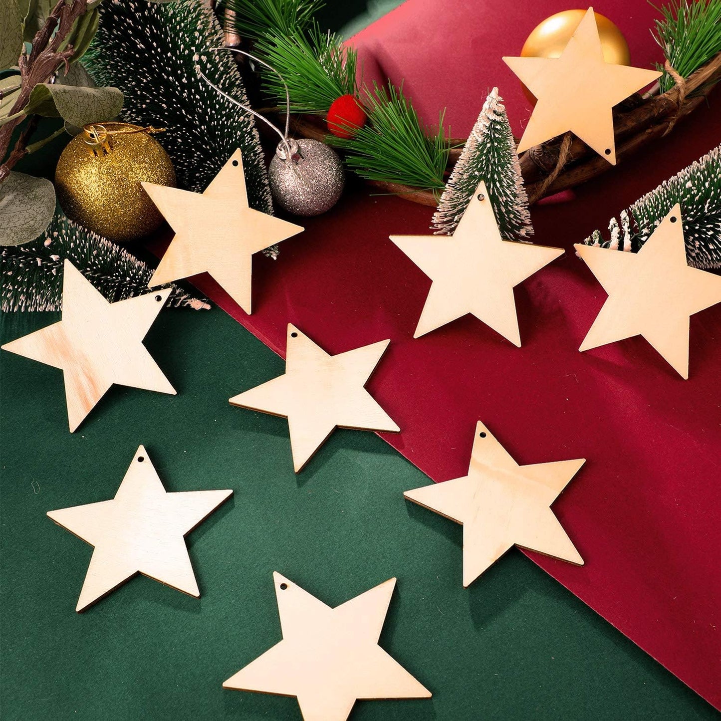 Blulu 100 Pieces Christmas Wooden Ornaments Star Round Wood Slices Wood Snowflake Angel Shape Christmas Tree Hanging Embellishments with 100 Pieces Cords (Style 2)