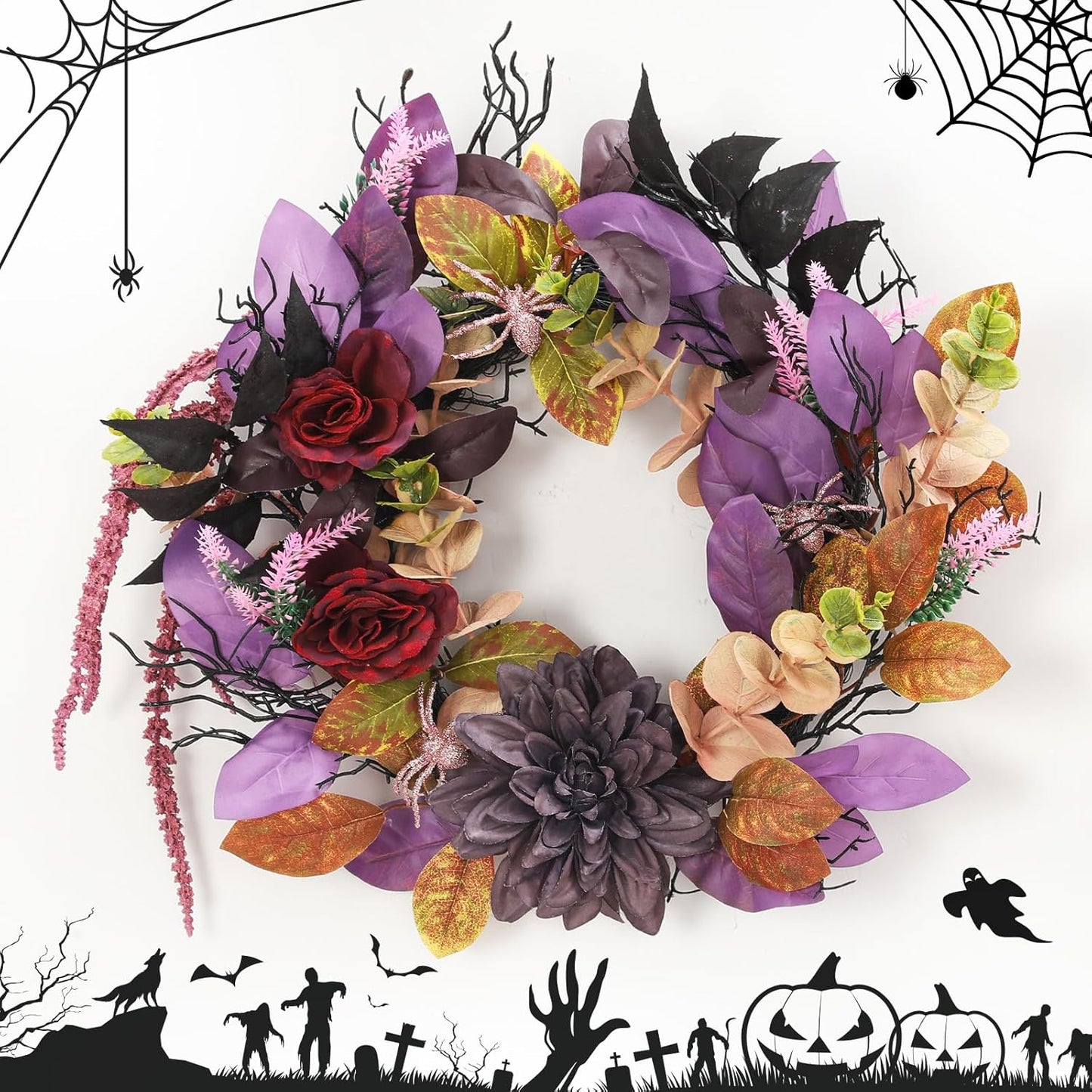 GarveeHome 18 Inch Halloween Wreath, Halloween Garland with Artificial Roses & Spiders, Indoor Outdoor Holiday Accent Decoration for Front Door Porch Wall Home Party Window, Red & Purple