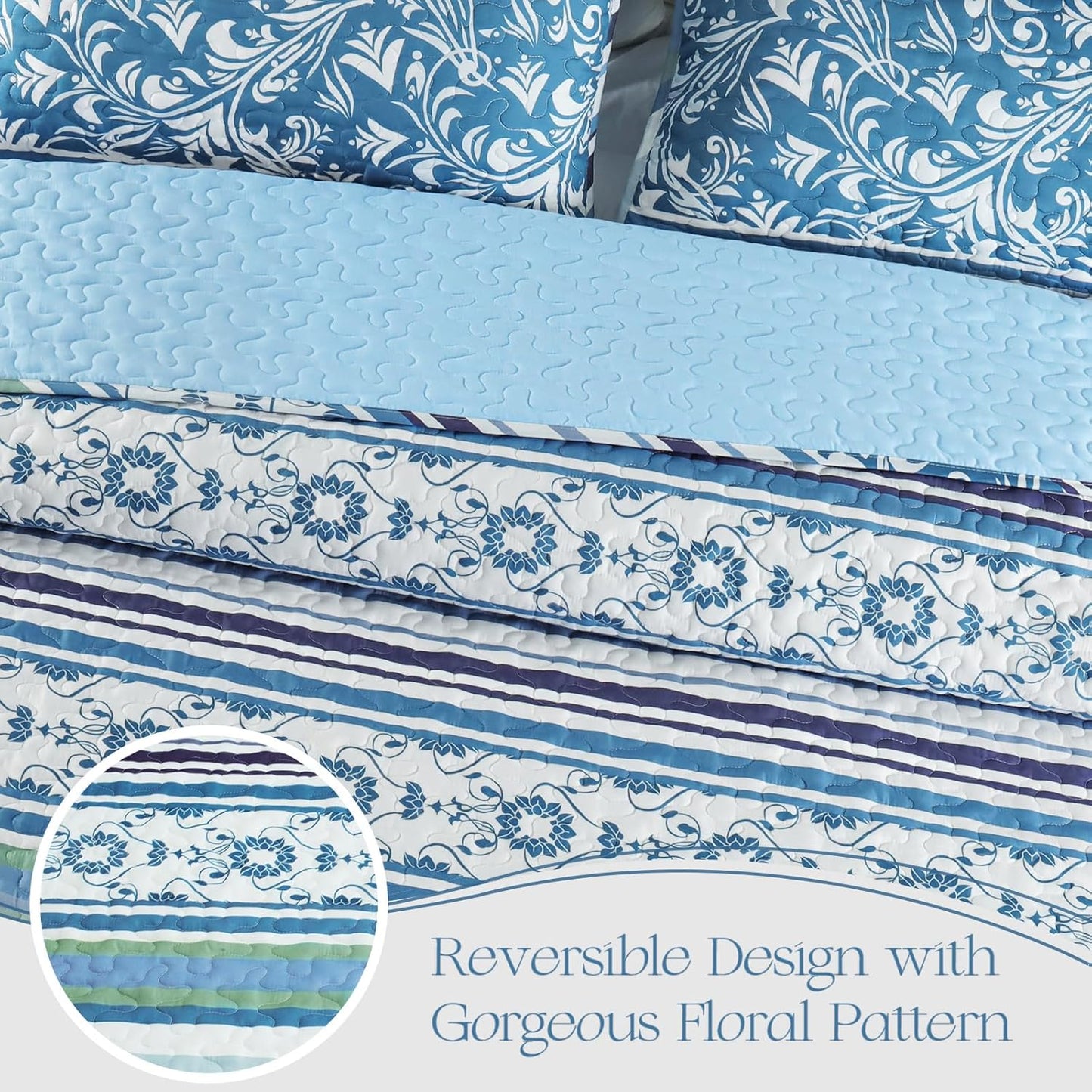 Exclusivo Mezcla Reversible Boho Quilt Set Queen Size, 3 Pieces Bohemian Striped Blue All Season Bedspreads, Ultra Soft Floral Coverlet Bedding Set with Printed Pattern (1 Quilt, 2 Pillow Shams)