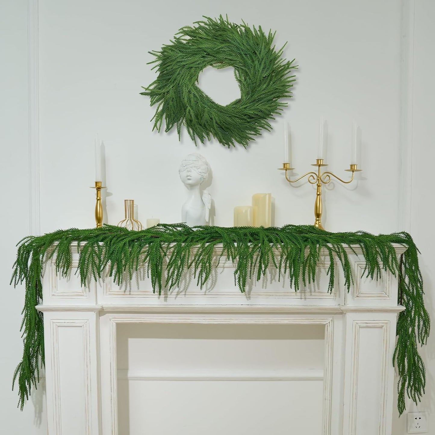 2Pcs 6FT Artificial Norfolk Pine Garlands, Real Touch Winter Christmas Pine Tree Wreath, Green Artificial Greenery Garland for Christmas Holiday Seasonal Indoor Home Decor Mantle