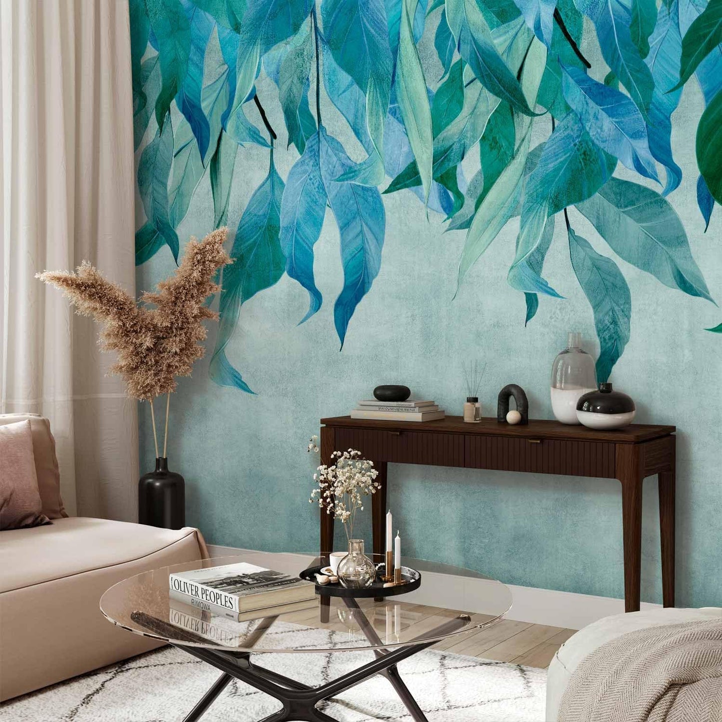 artgeist Premium Wall Mural Hanging Leaves 79x55 in - Non-Woven Wallpaper Fleece Wall Decor Photo Print Picture Image Design Nature Botanical Concrete Green Blue b-C-10146-a-b