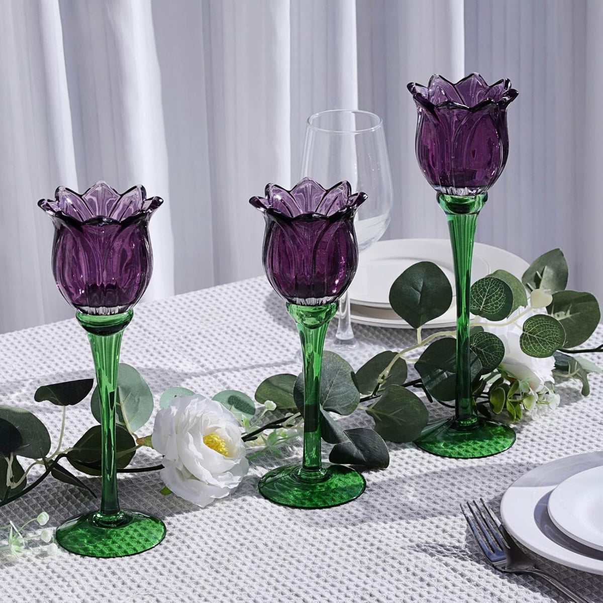 Purple Tulip Glass Tealight Candle Holders Set of 3, Floral Tall Glass Candle Holders for Table & Home Decor