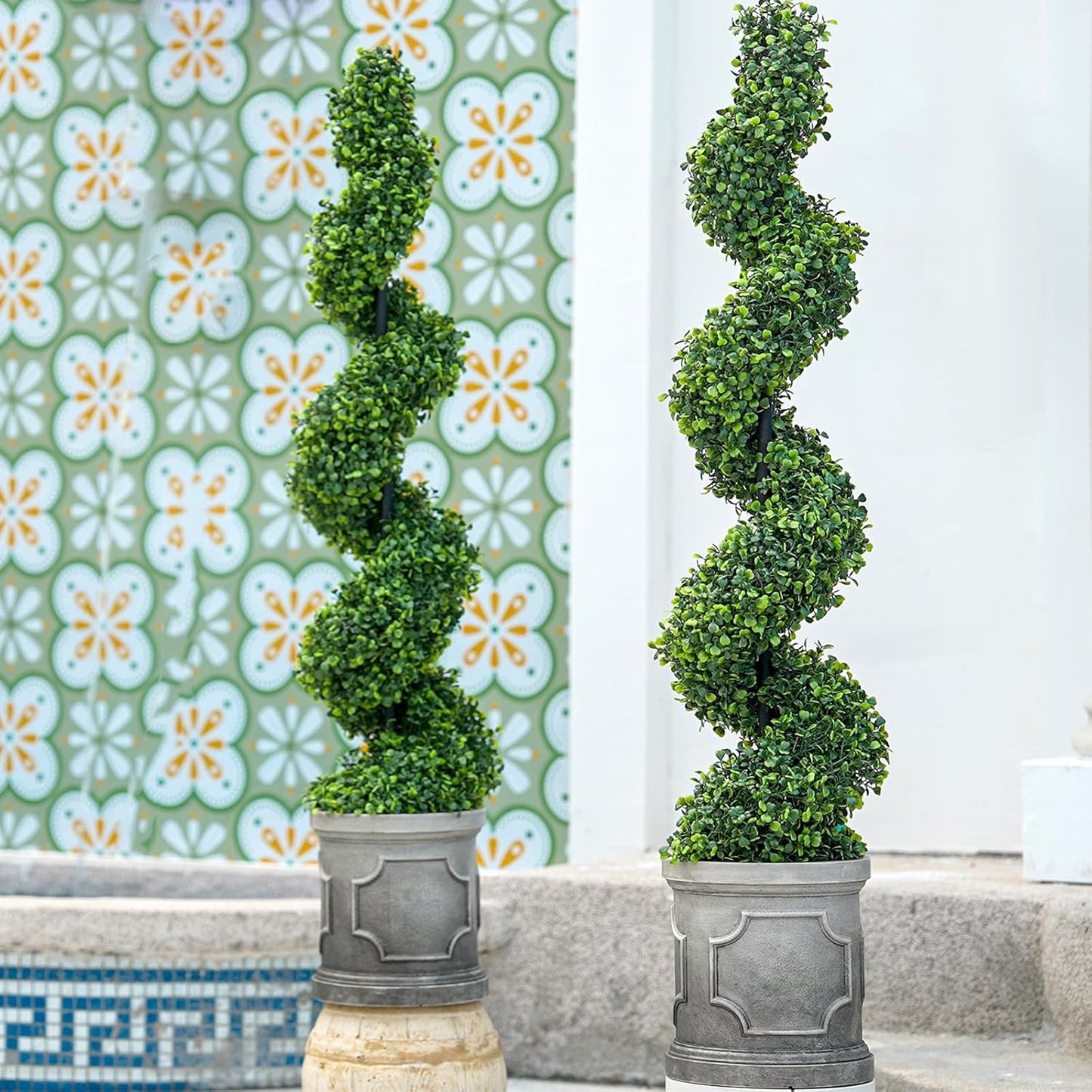 3FT Artificial Spiral Boxwood Topiary Trees with Antique-White Roman-Style Planter - Outdoor&Indoor Year-Round Garden, Porch, Entryway Decor (2 Pack)