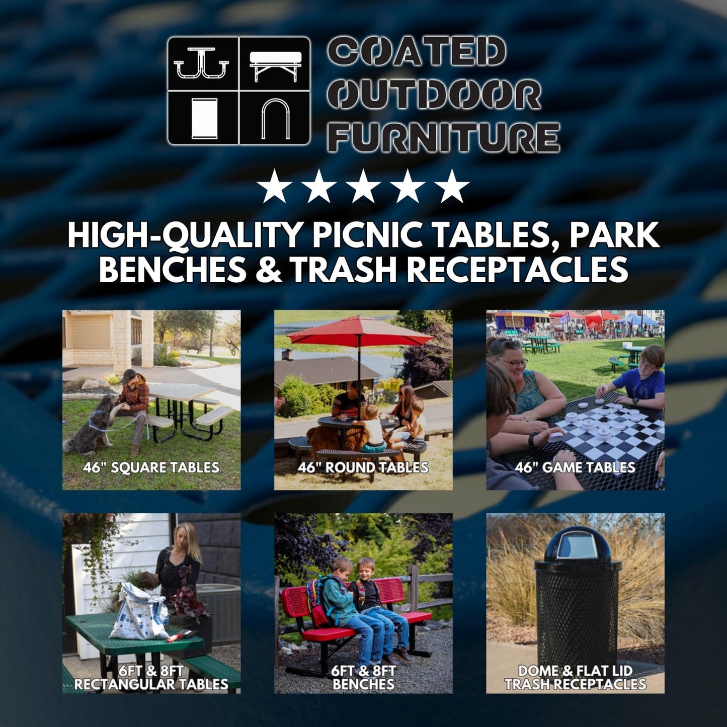 Coated Outdoor Furniture Heavy-Duty Portable Outdoor Picnic Table with Umbrella Hole, Punched Steel Commercial-Grade Patio Dining Furniture Made in America (46" Round Top, Textured Brown)