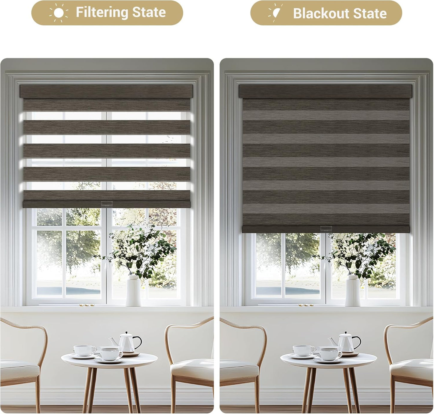 Cordless Zebra Blinds for Windows, Blackout Interior Blinds,Easy to Install,UV Protection,for Offices and Home,Custom Roller Shades, Mousse Dark Bown,43" W x 48" H