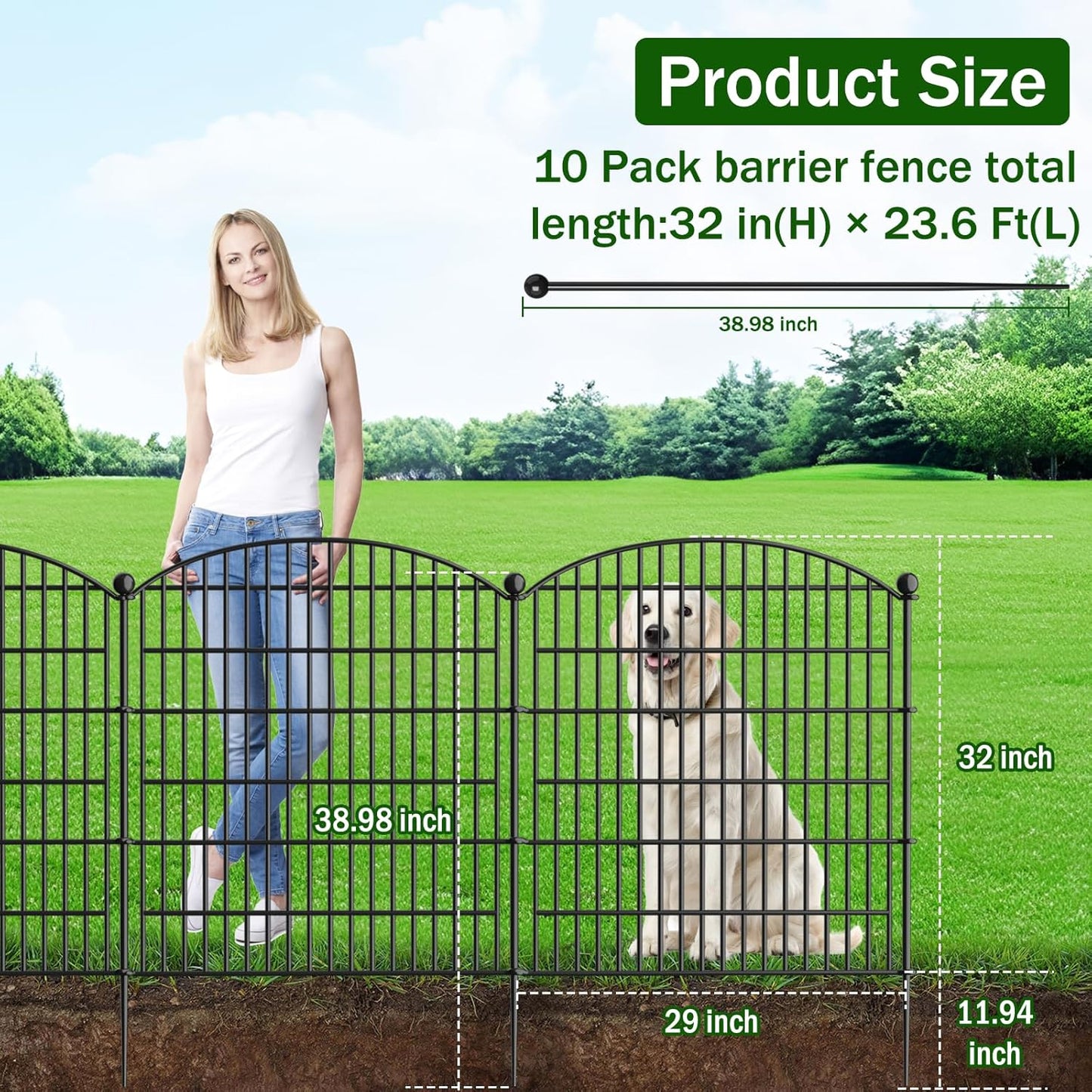 10 Panels Decorative Garden Fence - 32 in (H) x 23.6 ft (L) No Dig Dog Fence Outdoor for Yard, Rustproof Tall Garden Fencecing Panels, Animal Barrier Suitable for Yard Border, Patio, and Outdoor Use