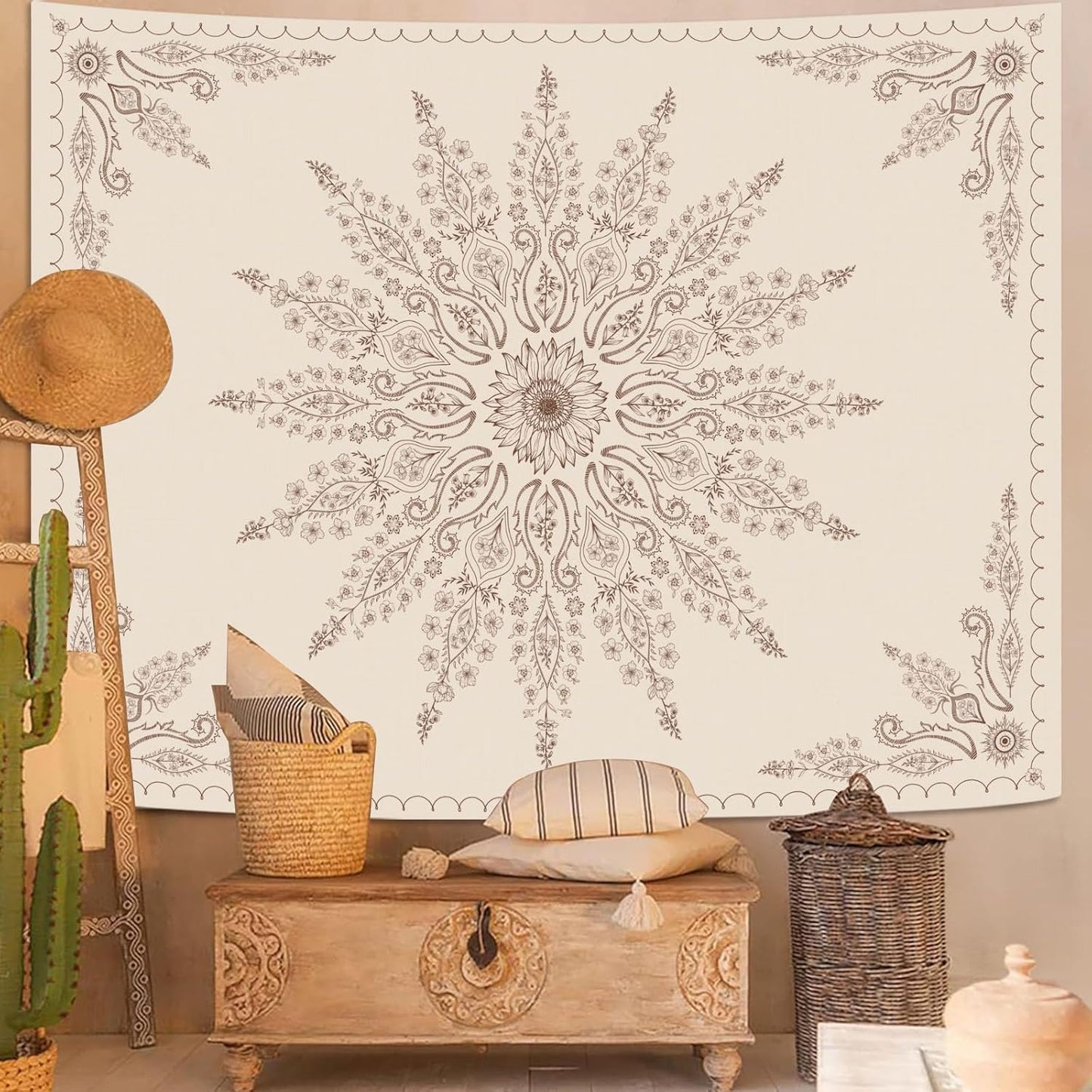 Fowocu Boho Floral Mandala Tapestry for Bedroom Aesthetic Bohemian Flower Wall Tapestry Beige Hippie Indian Small Tapestries Wall Hanging for Living Room Dorm Decor 48 x 36 Inch